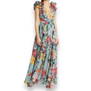 Boutique Blue Pink Hibiscus Floral Flutter Sleeve Ruffled Cut Out Maxi Dress